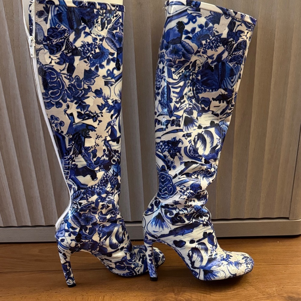 Dries Van Noten Blue and White Floral Knee-High Boots